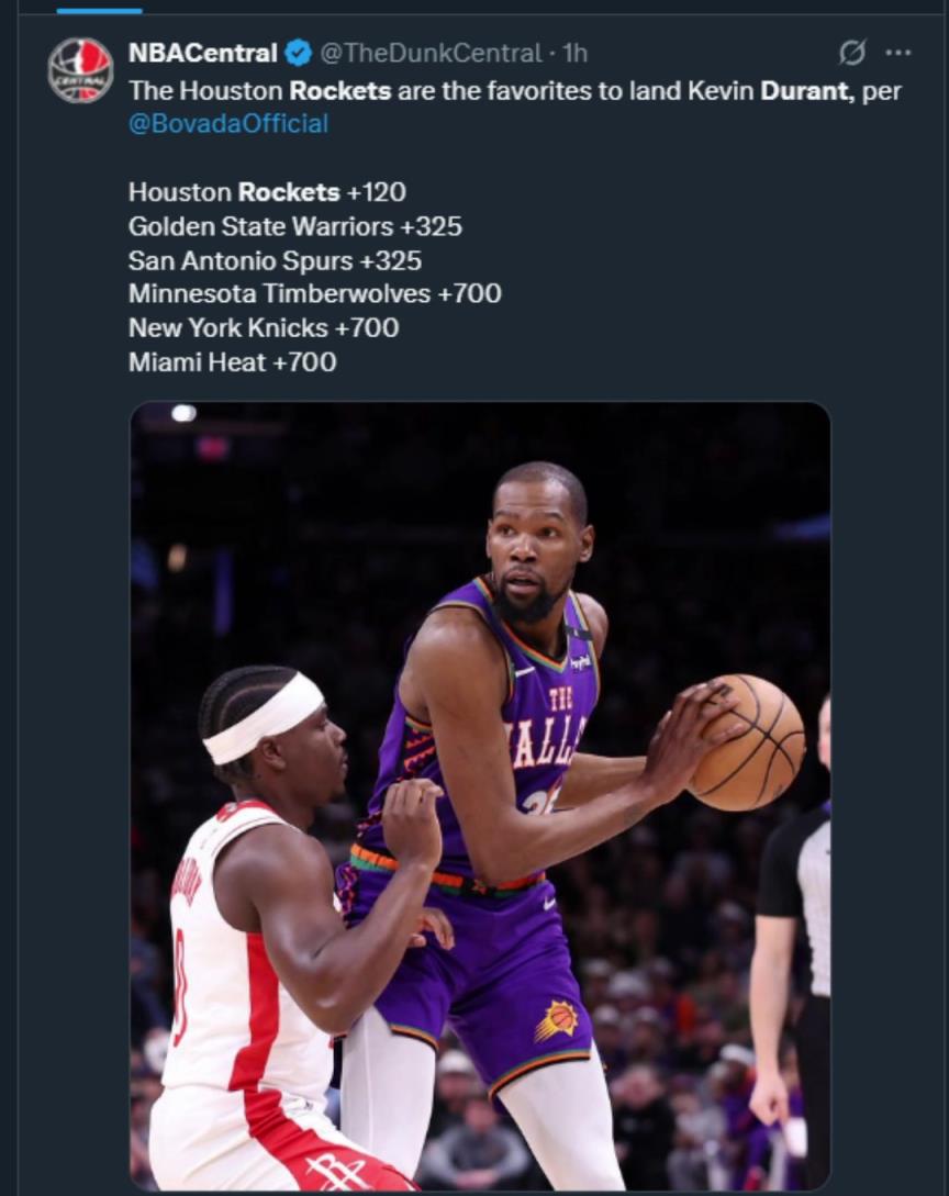 難道說(shuō)？美媒曬杜蘭特下家賠率，火箭大幅度領(lǐng)跑！